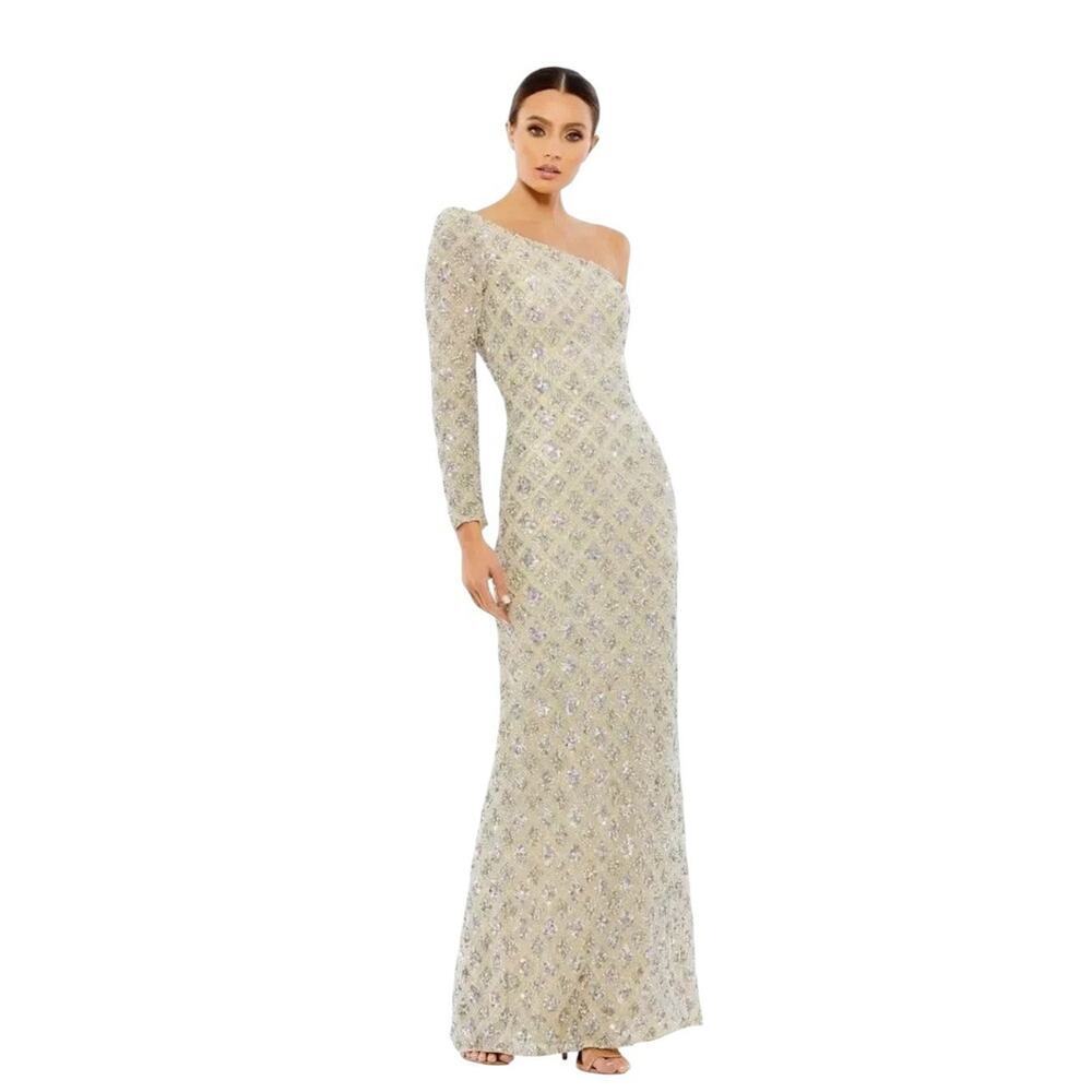 Mac Duggal A5479 Shimmering Gold Sequin Gown One Shoulder Size 16 $598